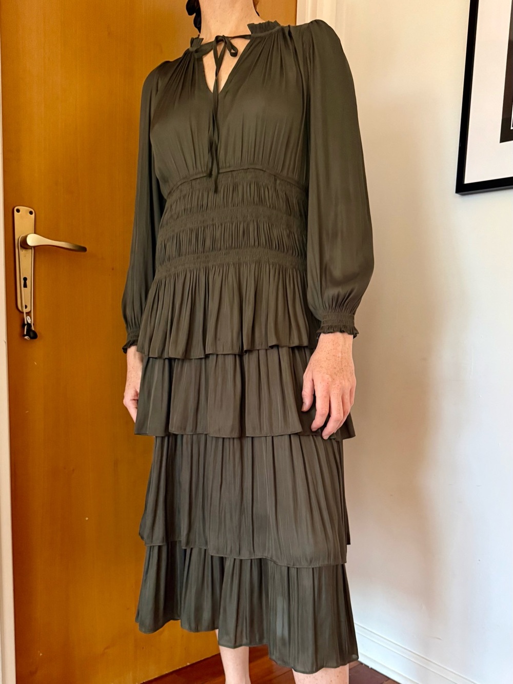 Reset by Jane Smocked Waist Olive Green Tiered Maxi Dress
